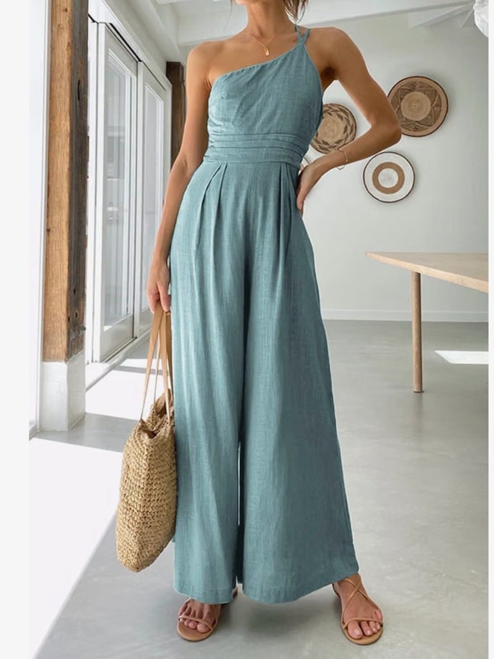 One-Shoulder Wide-Leg Jumpsuit in Sage Green
